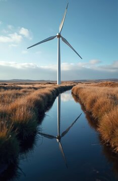 Wind turbine stands in Irish turf bog near calm water reflecting sky and blades. Dry grass flanks narrow water channel under cloudy blue sky. Eco energy source in rural landscape.