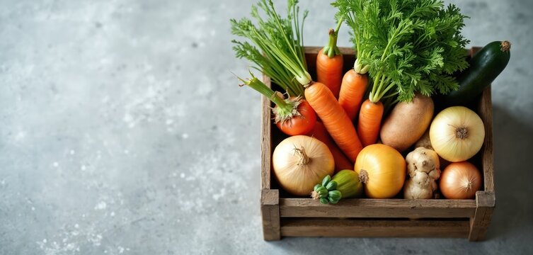 Wooden crate filled with fresh bio carrots potatoes onions zucchini ginger tomato. Grocery delivery service for healthy eating. Organic farm produce for home cooking.