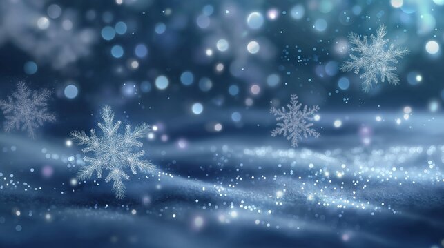 Bright glowing snowflakes gently falling over a saturated sky-blue background, luminous winter light
