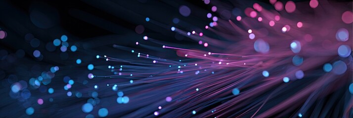 A stylized image showcasing glowing fiber optic strands, bathed in blue and pink light, with bokeh