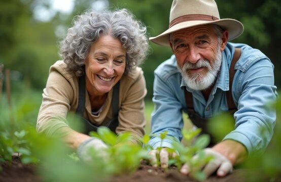 Senior couple planting seedlings in garden soil. Mature woman smiles, man looks at camera. Gardening promotes healthy lifestyle in retirement age. Older people growing plants. Eco farming offers - Powered by Adobe