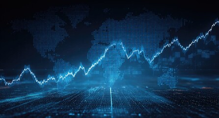 Glowing white line illustrating financial growth over a shadowy world map