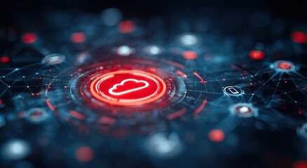 Glowing digital cloud icon at the center of a complex network. Futuristic, high-tech, abstract design
