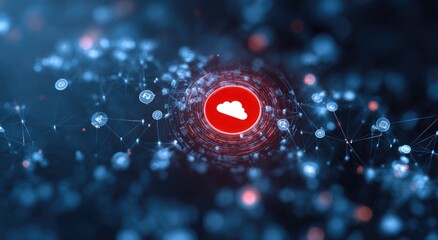 A digital network with a red cloud icon at the center, surrounded by interconnected nodes