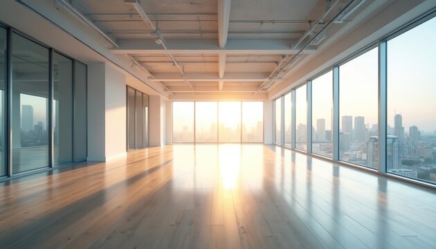 Empty modern loft space with large windows offering city skyline views. Sunlight streams across polished wood floors. Minimalist interior, perfect for office or residential design. - Powered by Adobe
