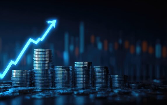 Stacks of coins with an upward trending blue arrow superimposed over background data charts
