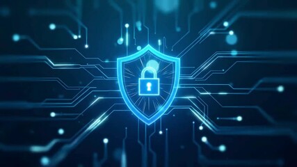 Cybersecurity shield with glowing lock symbol, digital protection network, secure encryption interface, cyber defense circuit system and futuristic data security animation - Powered by Adobe