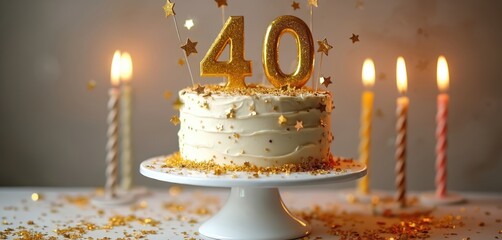 White frosted cake sparkling gold number forty. Golden stars, glitter adorn dessert top. Bright lit candles glow softly around delicious sweet food treat. Festive celebration marks fortieth birthday