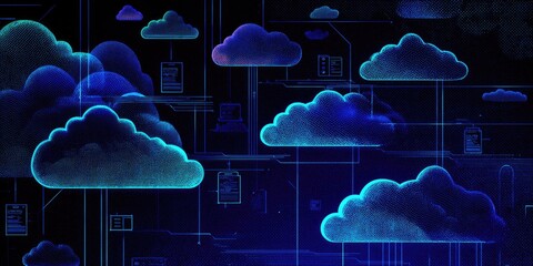 A digital illustration of cloud formations connected by a network of lines and data symbols