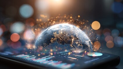 A smartphone displays a globe surrounded by a network of connecting lights, bokeh background