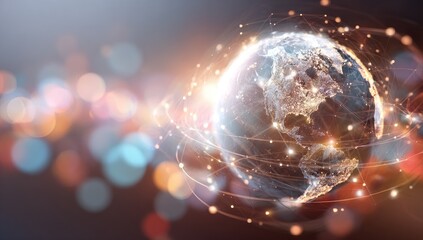 Illuminated globe encircled by a network of interconnected lines amidst a blurred, colorful background