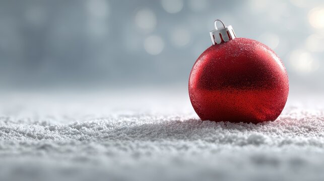 Red Christmas ornament on a bed of snow with a blurred background