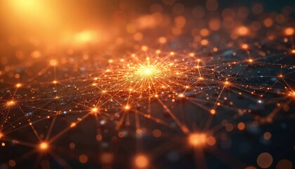 Intricate network of glowing orange nodes, pathways radiates from central point. Digital connections, data streams, futuristic technology, complex system visualization. Abstract background