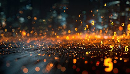 Illuminated numbers float amidst a vibrant light display against a blurred city backdrop