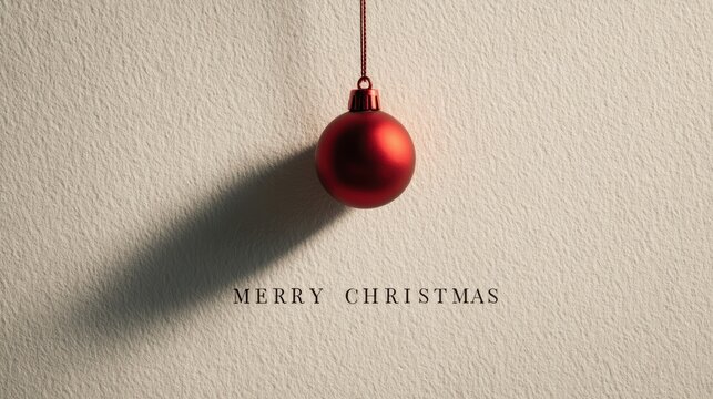 Minimalist Christmas greeting with a red ornament and shadow on textured paper