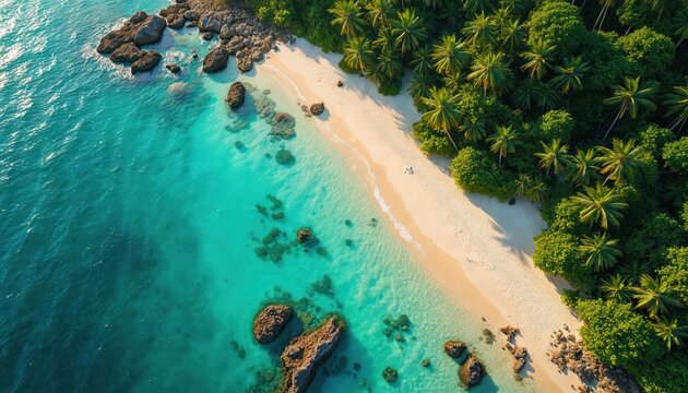 Aerial view of a tropical island coast with palm trees and sandy beach. Clear turquoise ocean waves lap the white shore. Rocks dot the blue water. Two people stroll along.