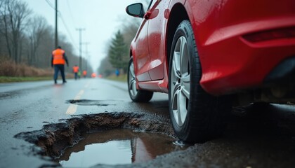 Naklejka premium Red car drives on wet road with big pothole. Road workers in reflective vests perform repairs during rain. Infrastructure damage presents traffic danger.