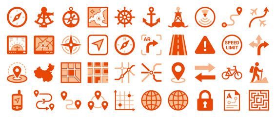 Navigation and map solid icon set. featuring location, compass, gps, direction, map, route, anchor, ladder, and more. Vector collection