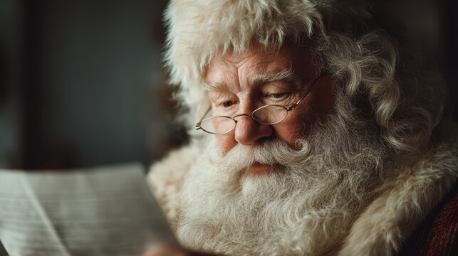 Santa Claus reading a letter with a thoughtful expression during the holiday season