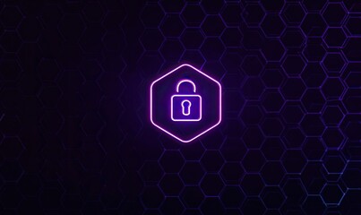 Neon glowing padlock icon inside a hexagonal frame, layered over a honeycomb pattern