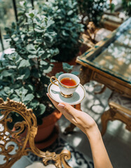 Elegance presented. A hand delicately holds a tea cup with golden rim, suggestive of relaxation and indulgence. Perfect for lifestyle or wellness themes.