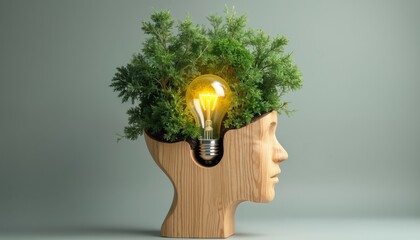 Conceptual image shows wooden head with lightbulb, green plants. Represents eco thinking. Head silhouette looks like pot with plants, lamp inside power of nature, innovative technologies.