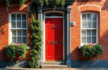 Bright red front door on brick house in London. Green ivy climbs the wall. White framed windows flank entrance. Flower boxes with red blooms add color.