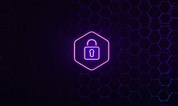 Neon glowing padlock icon inside a hexagonal frame, layered over a honeycomb pattern