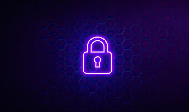 Glowing neon purple padlock outline on a hexagonal patterned background