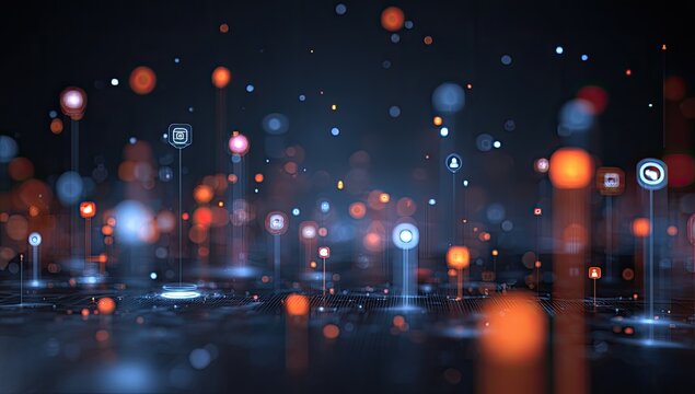 A digital landscape glows with colorful nodes and connecting lines, a futuristic representation - Powered by Adobe