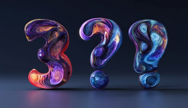 Three iridescent shapes number three and two question marks, swirling with color