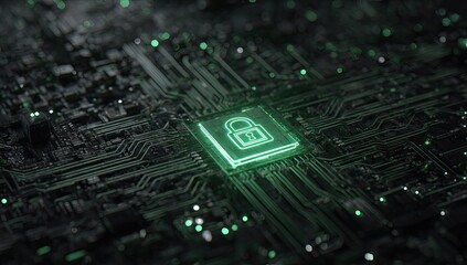 Close-up of a circuit board illuminated by green light, featuring a glowing padlock symbol