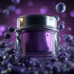 Luxurious purple cosmetic jar surrounded by glossy floating spheres, elegant skincare product mockup with glowing reflections and vibrant futuristic beauty aesthetic
