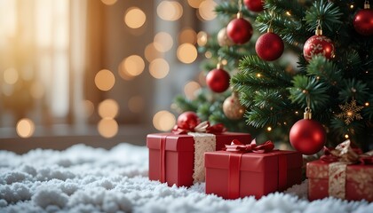 Festive Christmas Tree with Gift Boxes and Red Baubles on Bokeh Background