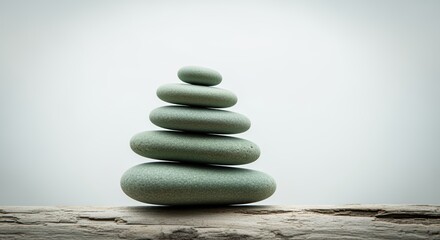 A stack of smooth, grey stones is carefully balanced on a weathered wooden surface, symbolizing peace and serenity.