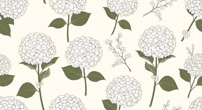 Elegant seamless floral pattern with beautiful white hydrangea flowers and green leaves creating a vintage botanical background.