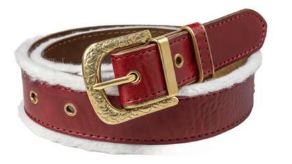 “Classic Santa belt with big golden buckle, leather texture, shown in multiple angles, isolated on transparent background, crisp studio lighting.”