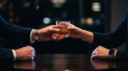 Business Colleagues Toasting with Whiskey Glass at Night Bar. Successful corporate deal, celebration, or intimate networking event concept