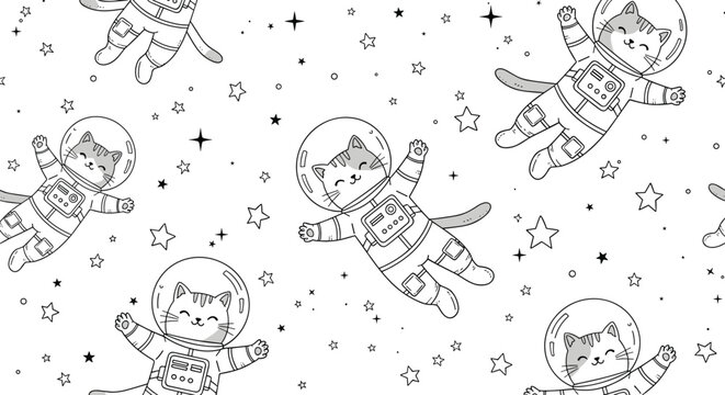 Seamless coloring page pattern with cute cartoon cats in astronaut suits floating among stars for a fun kids space activity.