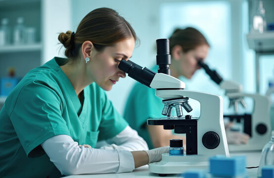 Female scientist looks through microscope in modern research laboratory working on experiment. Woman researcher conducts medical analysis vaccine development with pro lab equipment. Scientific team - Powered by Adobe