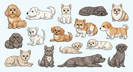 Fototapeta premium Large collection of various adorable puppy and dog breeds in a charming and detailed hand-drawn cartoon illustration style.