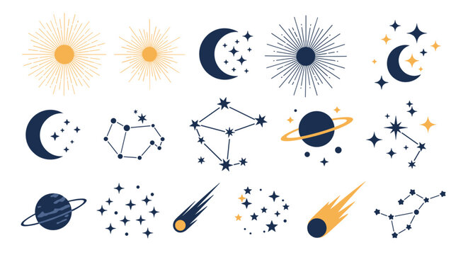 Mystical collection of celestial and astrological symbols including the sun moon stars constellations and comets in a boho style.