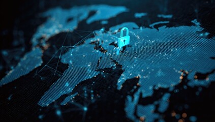 A digital world map with a glowing padlock, connected by lines, representing cybersecurity