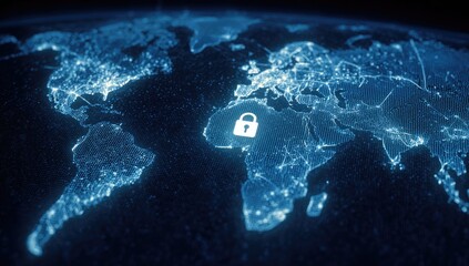 Illuminated digital globe with a central padlock symbol. Shows interconnected global network