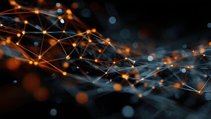 Abstract depiction of interconnected nodes and lines in a blurred, dark environment