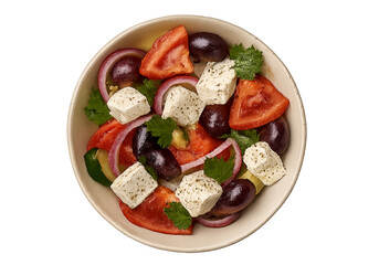 Fresh Traditional Greek Salad with Feta Cheese, Tomatoes, Cucumbers, and Olives on Rustic Table

