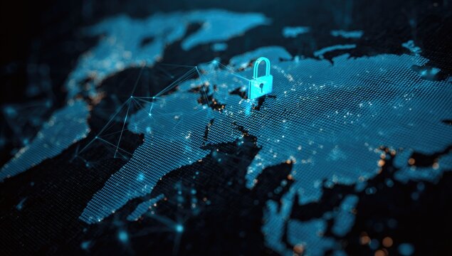 A digital world map with a glowing padlock, connected by lines, representing cybersecurity - Powered by Adobe
