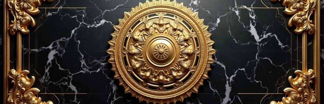Gold ornamental mandala on black marble background. Luxury victorian frame decorates classic wall. Elegant ornate filigree medallion with baroque pattern for rich, antique design. Abstract decoration
