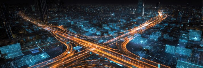 A panoramic nightscape depicts a futuristic metropolis with glowing highway interchanges and interconnected data