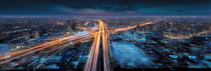 Aerial view of a city at night with illuminated highways, bridges, and surrounding buildings